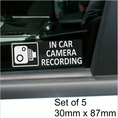 5 x Small In Car Camera Recording Window Stickers-87mm x 30mm-CCTV Sign-Van,Lorry,Truck,Taxi,Bus,Mini Cab,Minicab